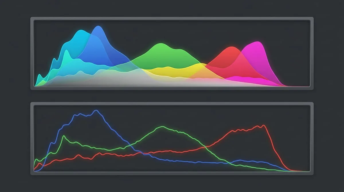 Lightroom 히스토그램 패널 — 좌측 섀도, 중간 미드톤, 우측 하이라이트 영역 설명